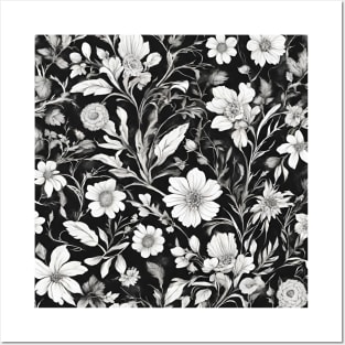 cottagecore botanical monochromatic black and white floral Posters and Art